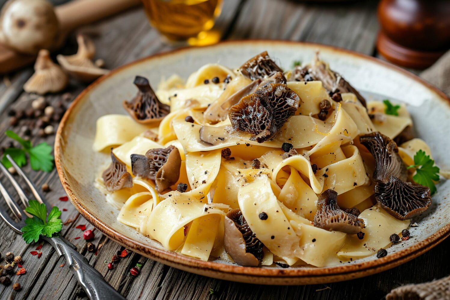 a delicious pappardelle with morels on wooden table